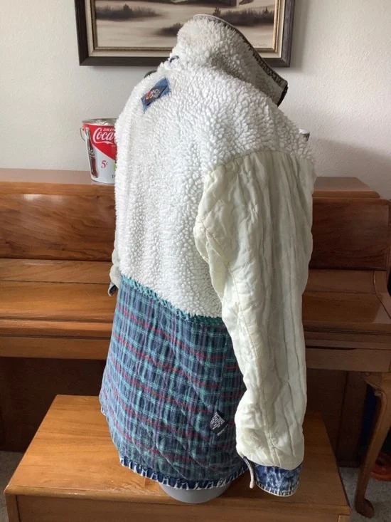 Vintage Andy Johns Woman’s ACID WASH Denim JACKET Size Medium Sherpa CHORE COAT - Picture 10 of 13